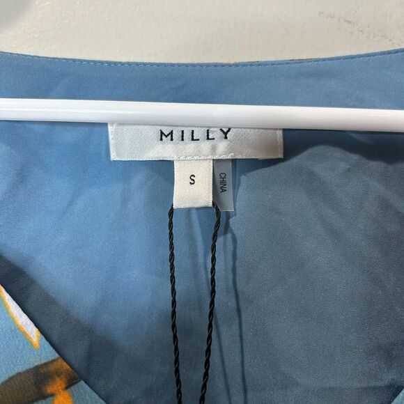 Milly Greer Watercolor Azalea Top Button Up Bell Sleeves Blue Women's Small NWT - Picture 4 of 10